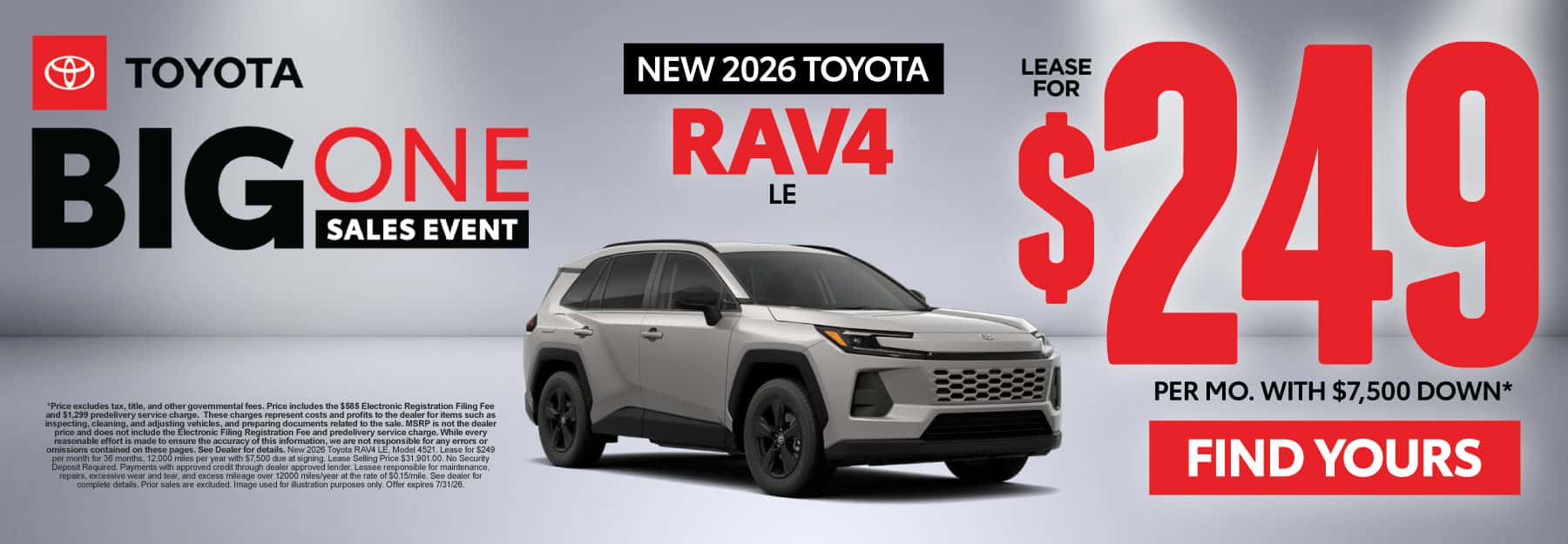 2026 Toyota Rav4 LE Lease for $249 Per month with $7,500 down*