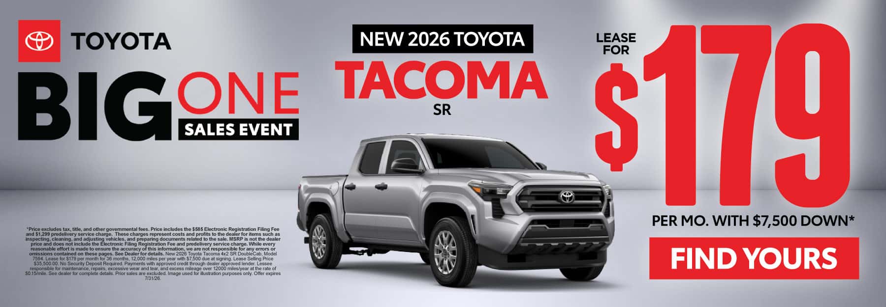 2026 Toyota Tacoma SR Lease for $179 Per month with $7,500 down*