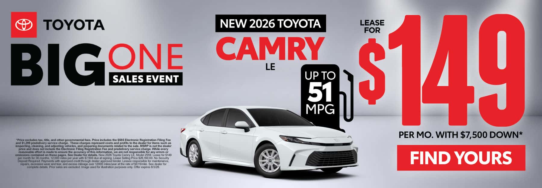 2026 Toyota Camry LE Lease for $149 Per month with $7,500 down*