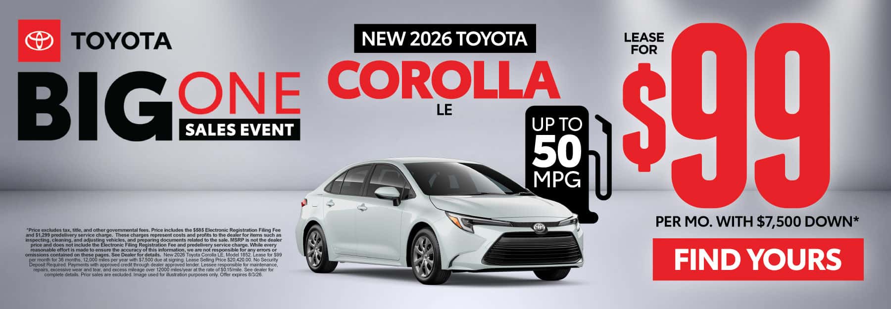 2026 Toyota Corolla LE Lease for $99 Per month with $7,500 down*