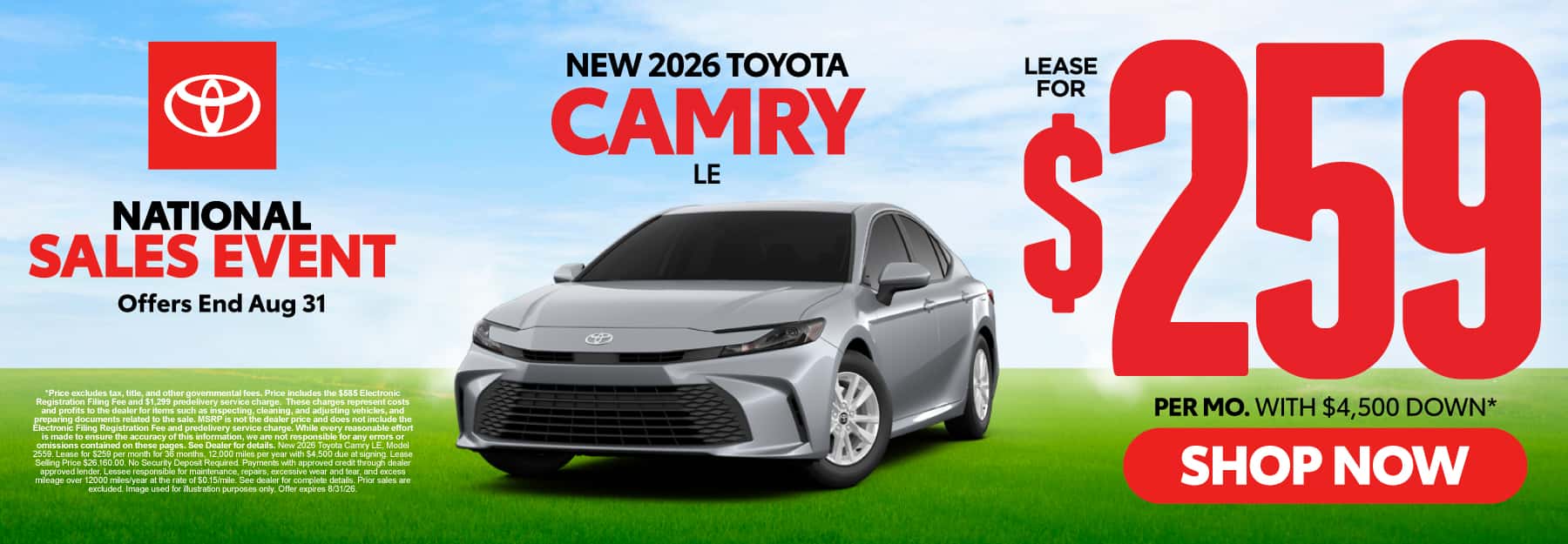 2026 Toyota Camry LE Lease for $259 Per month with $4,500 down*