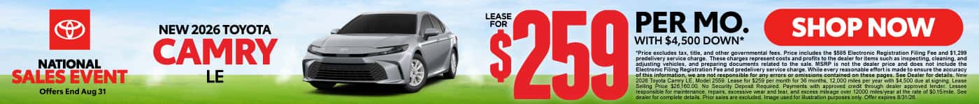 2026 Toyota Camry LE Lease for $259 Per month with $4,500 down*
