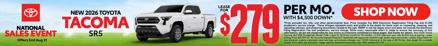 2026 Toyota Tacoma SR5 Lease for $279 Per month with $4,500 down*