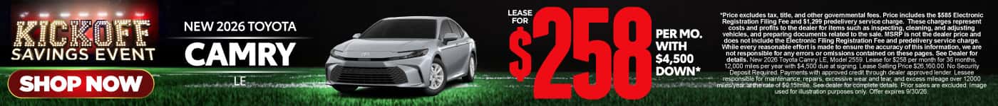 2026 Toyota Camry LE Lease for $258 Per month with $4,500 down*