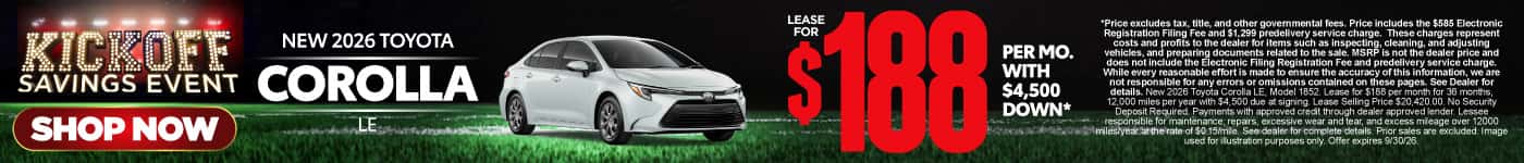 2026 Toyota Corolla LE Lease for $188 Per month with $4,500 down*