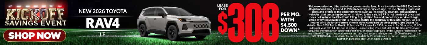 2026 Toyota Rav4 LE Lease for $308 Per month with $4,500 down*