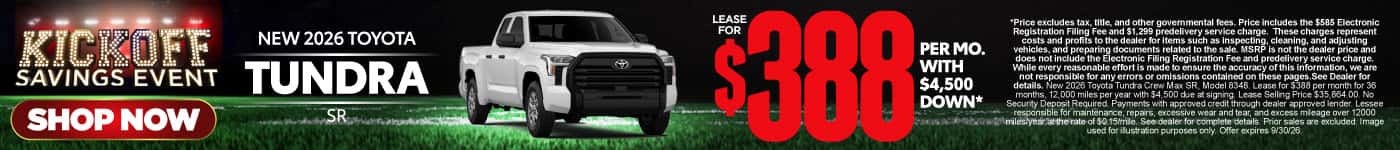 2026 Toyota Tundra SR Lease for $388 Per month with $4,500 down*
