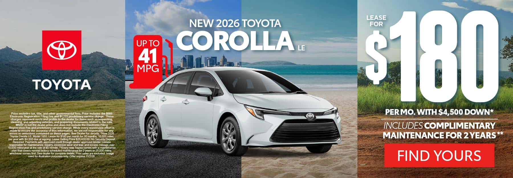 2026 Toyota Corolla LE "Lease for $180 Per month with $4,500 down* INCLUDES COMPLIMENTARY MAINTENANCE FOR 2 YEARS**"