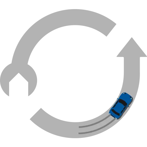 vehicle inside grey arrow and curved wrench creating two sides of circle