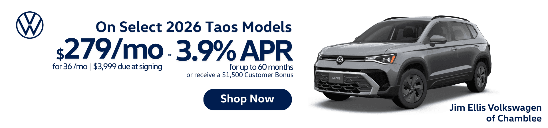 2026 Volkswagen Taos in gray with lease and finance offers. Lease for $279/month for 36 months with $3,999 due at signing, or finance at 3.9% APR for up to 60 months. Eligible customers may receive a $1,500 customer bonus. Jim Ellis Volkswagen of Chamblee.