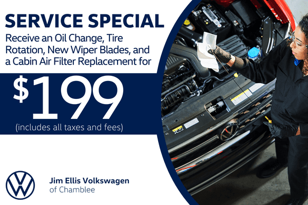 Volkswagen technician checking an engine under the hood of a vehicle. Graphic advertises a service special at Jim Ellis Volkswagen of Chamblee for an oil change, tire rotation, new wiper blades, and cabin air filter replacement for $199 including taxes and fees.