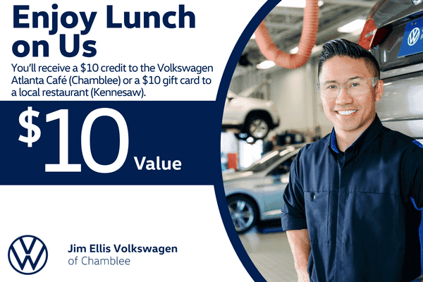Alt Text: Volkswagen service promotion providing a $10 credit to the Volkswagen Atlanta Café in Chamblee or a $10 gift card to a local restaurant in Kennesaw. Graphic features a Volkswagen service team member standing in the service department.