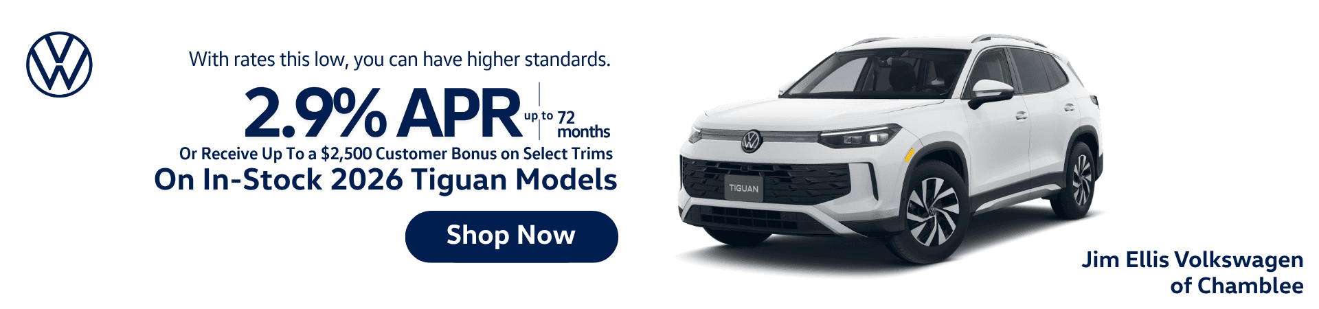 2026 Volkswagen Tiguan SUV in white with 2.9% APR up to 72 months or up to $2,500 customer bonus on select trims at Jim Ellis Volkswagen of Chamblee