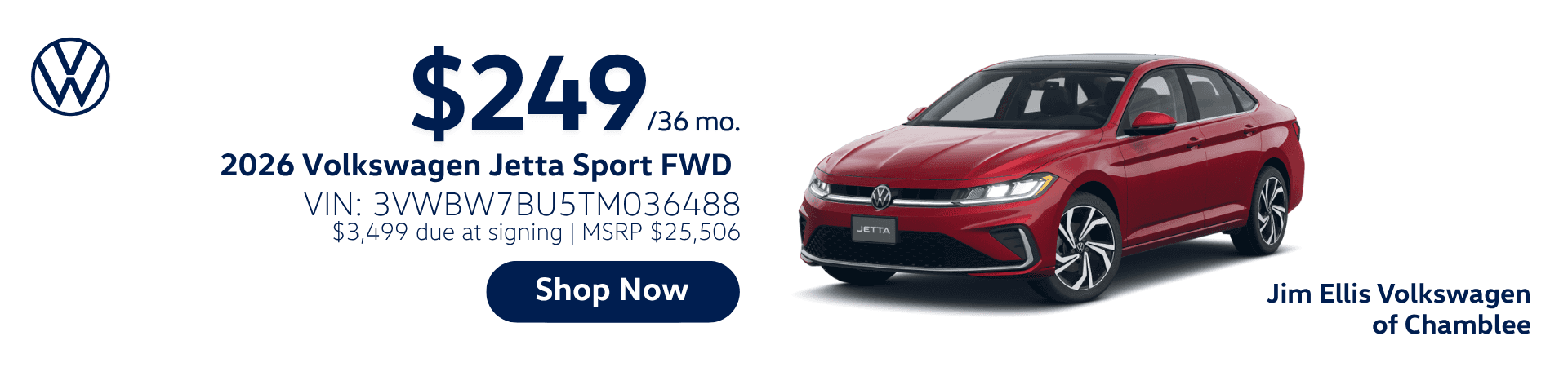 2026 Volkswagen Jetta Sport FWD sedan in black for $249 per month with $3,499 due at signing, MSRP $25,506 at Jim Ellis Volkswagen of Chamblee