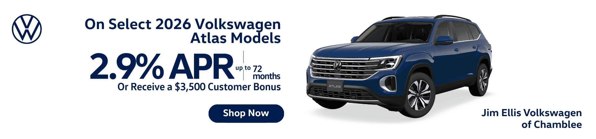 Alt: Blue 2026 Volkswagen Atlas SUV with offer for 2.9% APR for up to 72 months or $3,500 customer bonus on select models at Jim Ellis Volkswagen Atlanta.