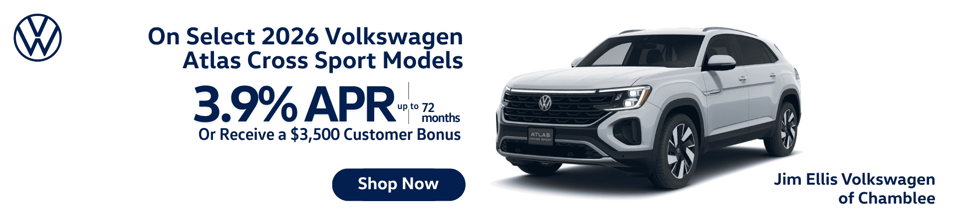 Alt: White 2026 Volkswagen Atlas Cross Sport SUV featuring 3.9% APR for up to 72 months or $3,500 customer bonus on select models at Jim Ellis Volkswagen Atlanta.