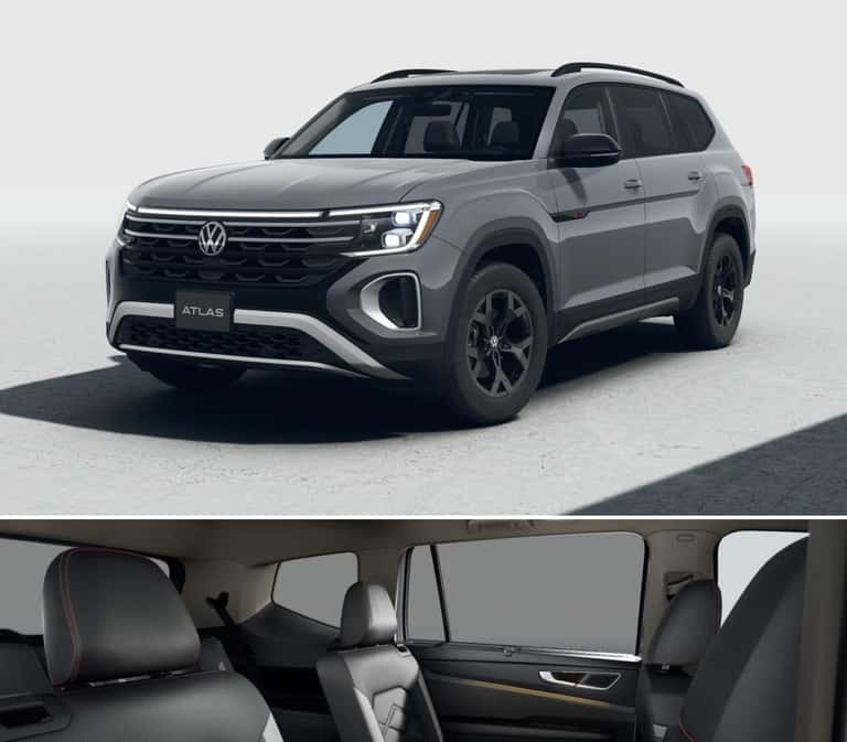 2026 Volkswagen Atlas with modern design and featuring spacious black leather seats with red stitching, exuding comfort.