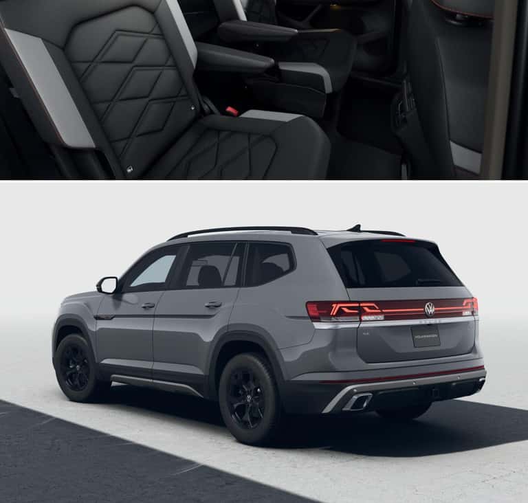 2026 Volkswagen Atlas parked on a concrete surface and shown from the rear three-quarter view.