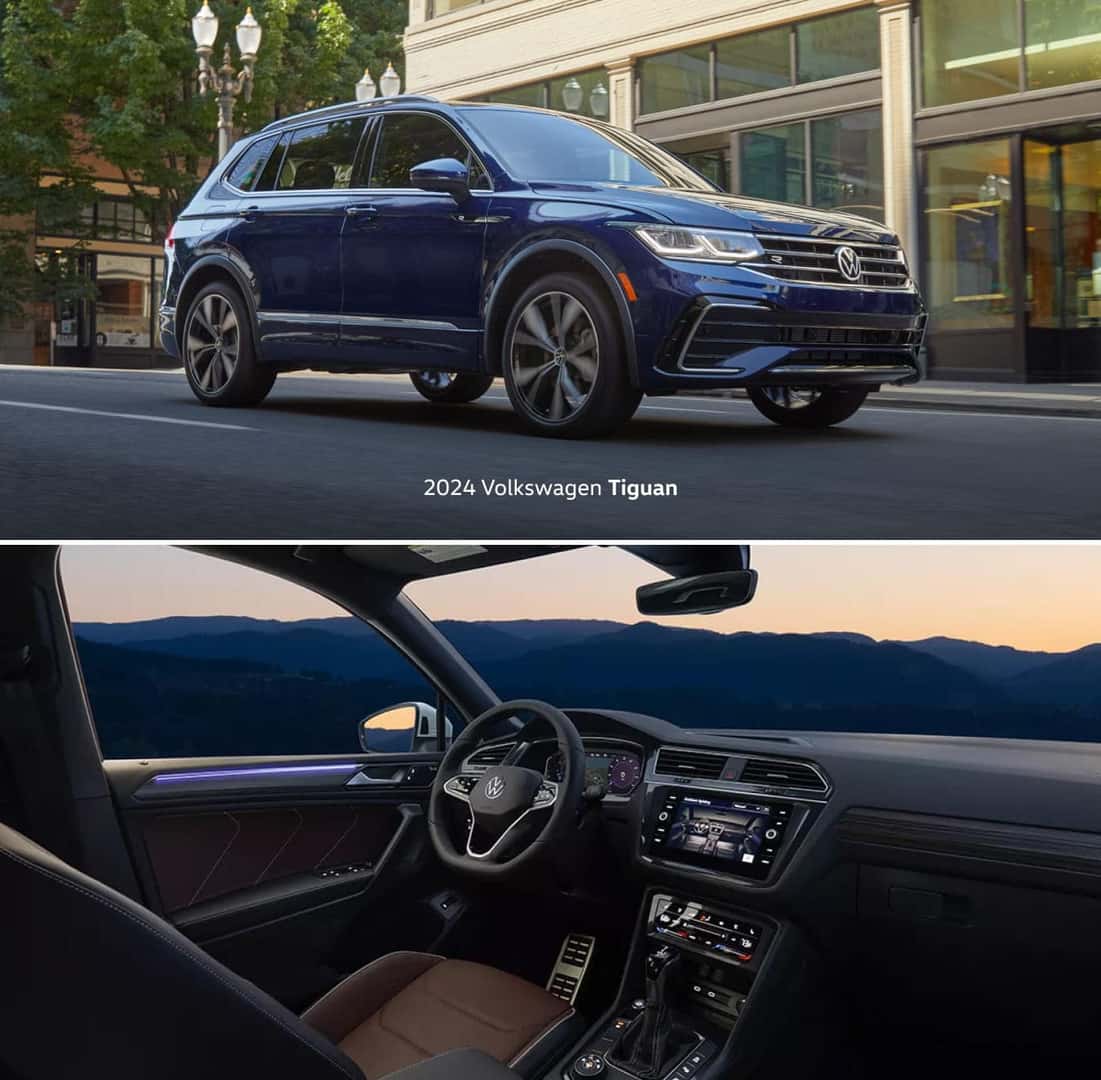 2024 Volkswagen Tiguan parked city street with modern buildings and Interior dashboard view showcasing sleek design at dusk.