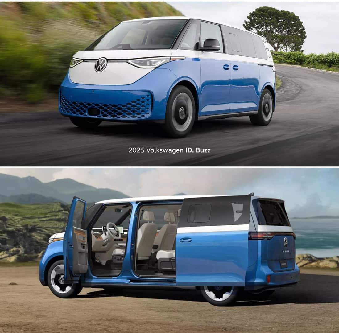 The top half displays the 2025 Volkswagen ID. Buzz driving on a road lined with greenery and the bottom half reveals its open sliding door showcasing the interior seating.