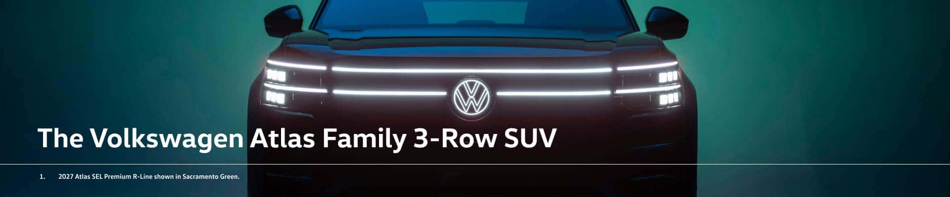 Sacramento Green 2027 Volkswagen Atlas SEL Premium R-Line front view showcasing its illuminated LED grille.