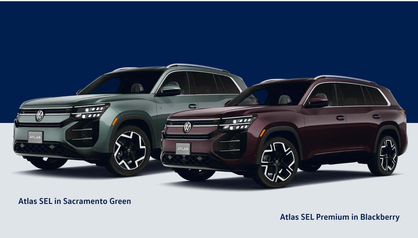 Sacramento Green 2027 Volkswagen Atlas SEL and Blackberry Volkswagen Atlas Premium in Blackberry.