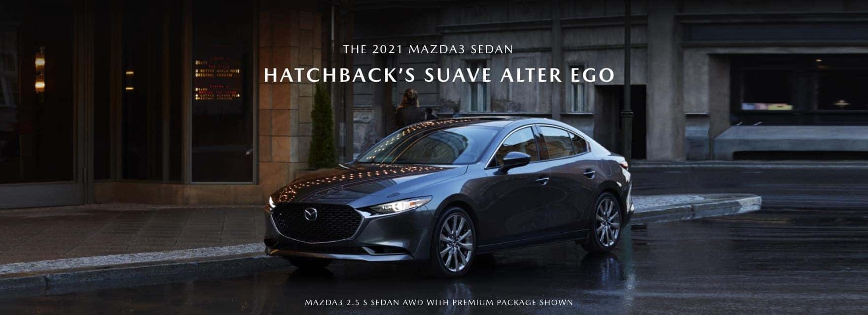 2021 mazda3 sedan parked on a city street with text overlay