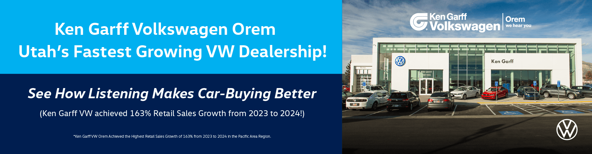 Ken Garff Volkswagen Orem Utah's Fastest Growing VW Dealership! See How Listening Makes Car-Buying Better (Ken Garff VW achieved 163% Retail Sales Growth from 2023 to 2024!) *Ken Garff VW Orem Achleved the Highest Retail Sales Growth of 163% from 2023 to 2024 in the Pacific Area Region. I Ken Garff G. Volkswagen Orem we hear you Ken Garff