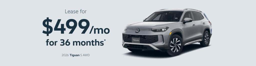 Lease a 2026 Volkswagen Tiguan S AWD for $299/mo.