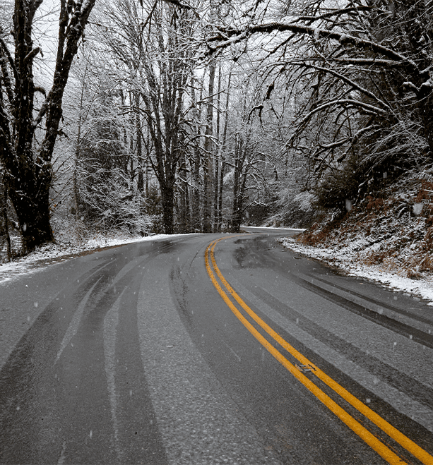 How to prepare your Mazda for the winter season in East Petersburg, PA at Lancaster Mazda | Clear road with snow covered on trees on the side during a cloudy day