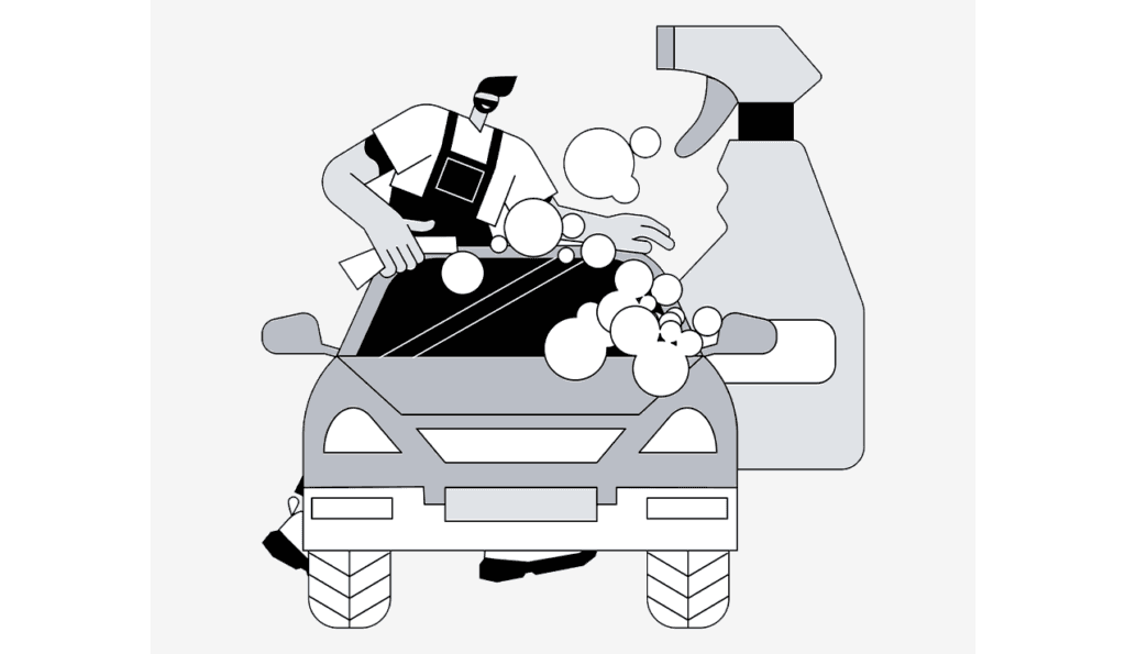 Tips for spring cleaning your car at Lancaster Mazda in East Petersburg, PA | Illustration of a man cleaning his car with soap and a giant spray bottle beside him