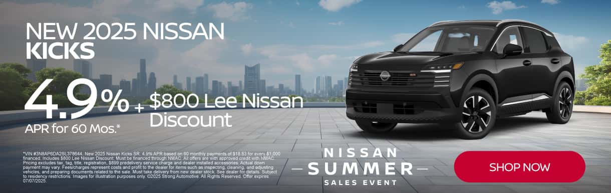 New 2025 Nissan Kicks 4.9% APR for 60 Mos.* $800 Lee Nissan Discount