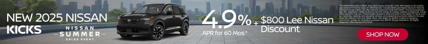 New 2025 Nissan Kicks 4.9% APR for 60 Mos.* $800 Lee Nissan Discount
