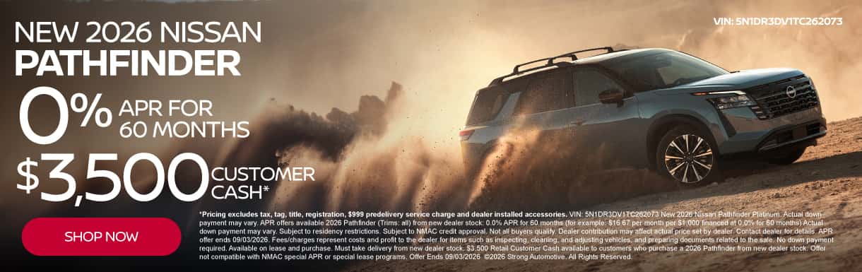New 2026 Nissan Pathfinder "0% APR for 60 months $3,500 Customer Cash*"