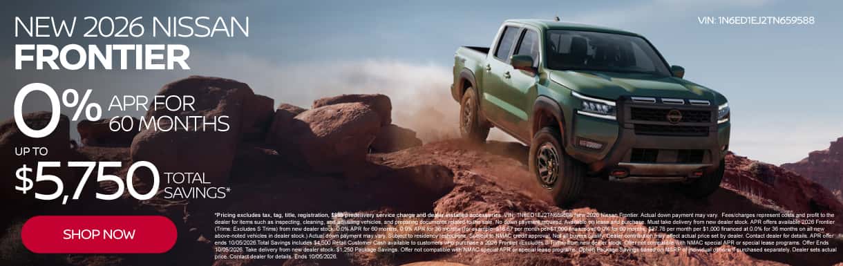 New 2026 Nissan Frontier "0% APR for 60 months Up to $5,750 Total Savings* "