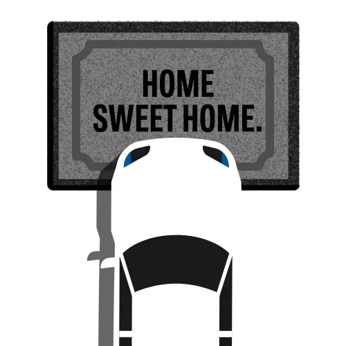 White car over grey "Home Sweet Home" doormat