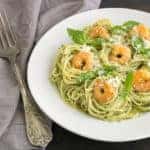 traditional Italian dish. pasta with pesto and shrimp