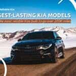 Banner reading "Longest-Lasting Kia Models – Explore the most reliable Kias built to go over 200K miles" with a sleek lineup of Kia vehicles in the background.