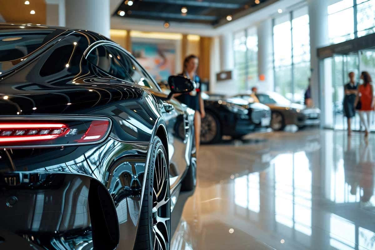 Elegant new black car showcased in a luxury dealership showroom, symbolizing high standards in vehicle quality for informed used car buyers.