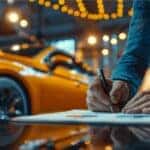 Man signing a financing contract for a used car at a car dealership showroom.