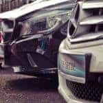 Mercedes cars standing in a row