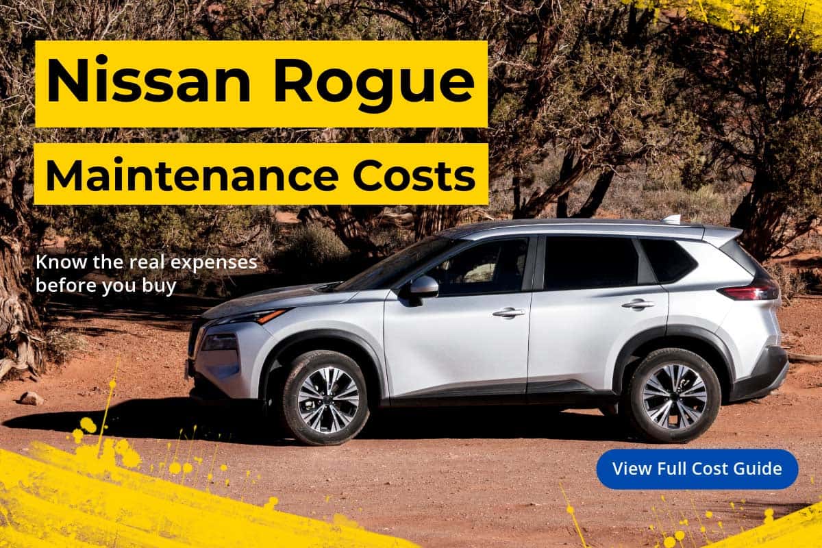 Nissan Rogue Maintenance Costs – Know the real expenses before you buy. Illustrated with a side view of a Nissan Rogue on a scenic road during sunset.
