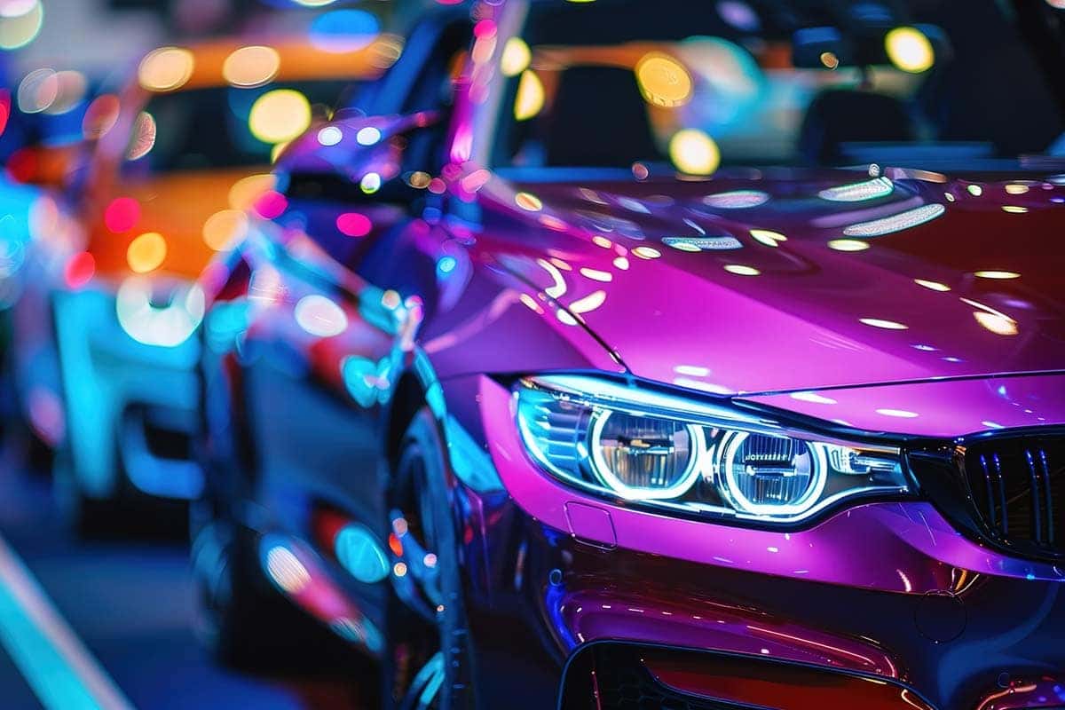 Close-up view of headlights on the latest luxury car models displayed in a car dealership showroom, highlighting sleek design and modern technology