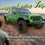 Banner titled Longest-Lasting Jeeps with subtitle Discover which Jeep models run over 200K miles featuring rugged off-road vehicles in a scenic mountain setting.