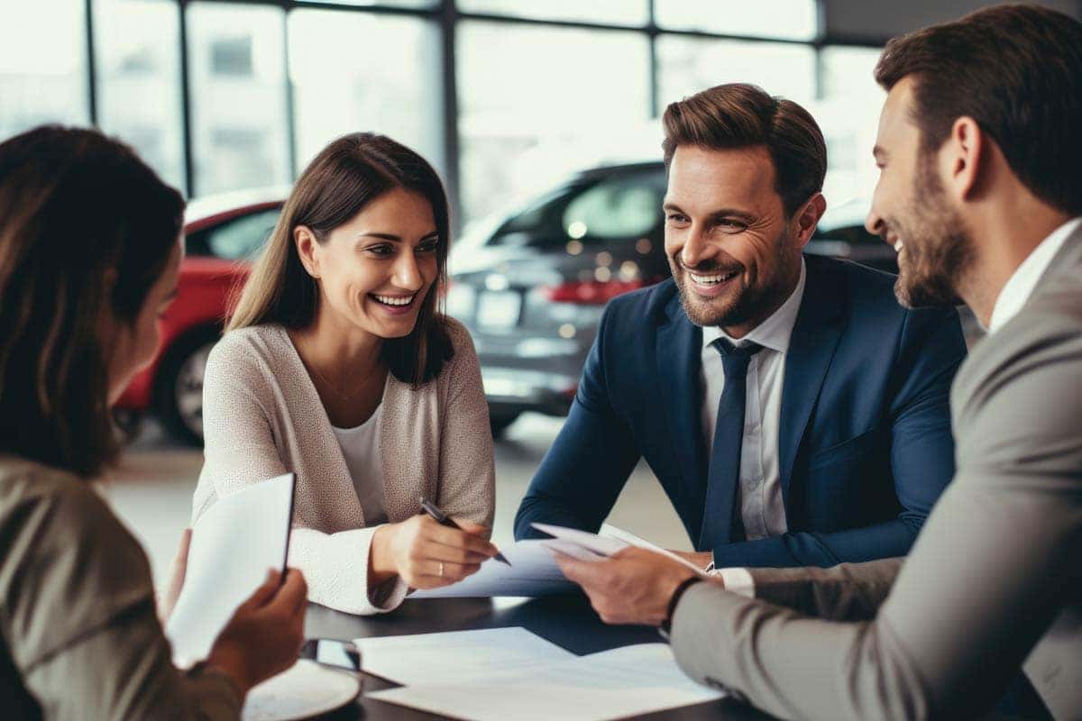 Diverse group of people discussing auto financing at a car dealership, with various cars in the background.