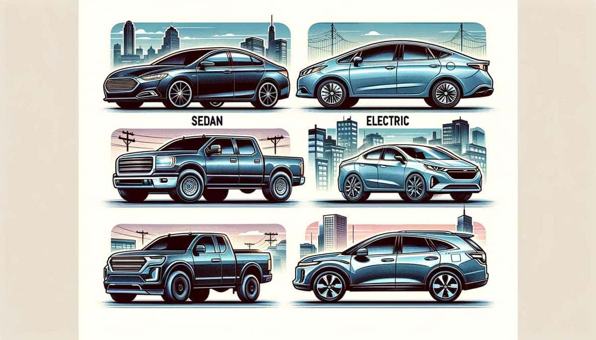 Collage of five vehicle types with labels: sedan, electric car, compact city car, pickup truck, and crossover SUV.