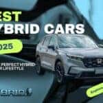 Banner reading: Best Hybrid Car 2025 – Find the perfect hybrid for your lifestyle with a clean, modern design featuring eco-friendly vehicles and cityscape in the background.