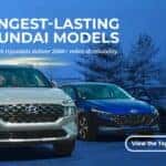 Banner showing “Longest-Lasting Hyundai Models” with the tagline “See which Hyundais deliver 200K+ miles of reliability,” featuring a sleek lineup of Hyundai vehicles parked in a scenic outdoor setting.
