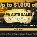 PA Auto Sales Holiday Event banner showcasing the biggest end-of-year savings on luxury cars, highlighting premium models with holiday discounts and bonuses.