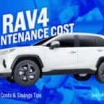Toyota RAV4 Maintenance Cost — Discover service costs & savings tips. Banner shows a clean RAV4 parked near a service garage, highlighting reliability and maintenance value.